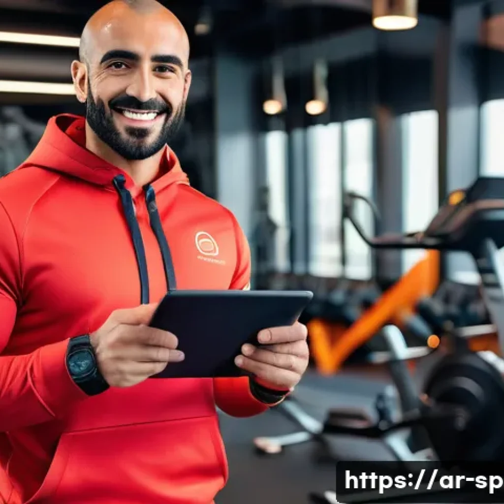 생활체육지도사 포트폴리오 작성법 - A professional Arabic male fitness coach in a modern gym setting, wearing athletic sportswear and a ...