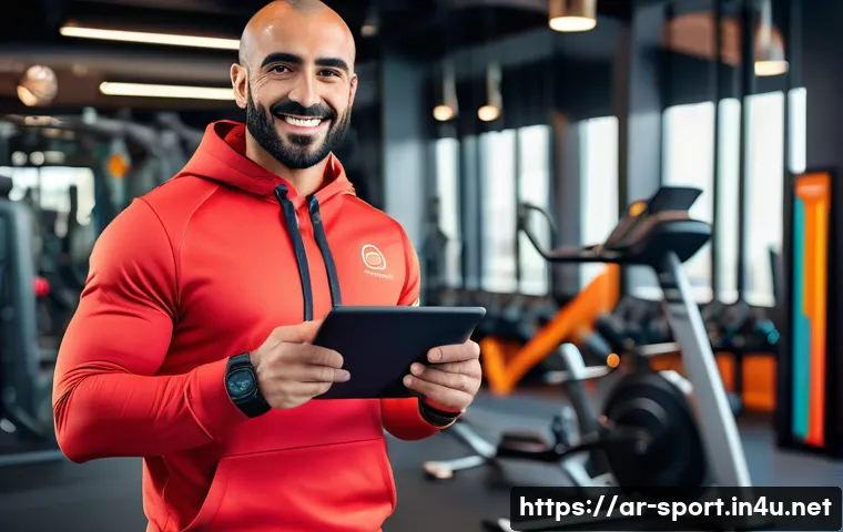 생활체육지도사 포트폴리오 작성법 - A professional Arabic male fitness coach in a modern gym setting, wearing athletic sportswear and a ...