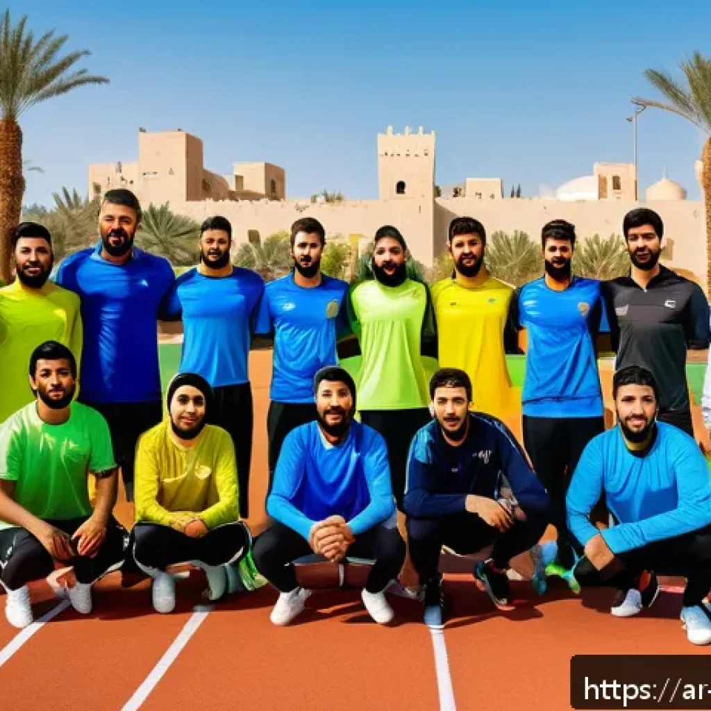 생활체육지도사 현장 문제 해결 사례 - A dynamic sports training scene set in an outdoor football field in the Middle East, featuring a div...