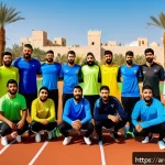 생활체육지도사 현장 문제 해결 사례 - A dynamic sports training scene set in an outdoor football field in the Middle East, featuring a div...