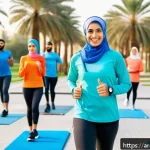 생활체육지도사와 고객 만족도 관리 - A diverse group of Arabic-speaking adults engaging in a lively outdoor fitness session in a modern s...
