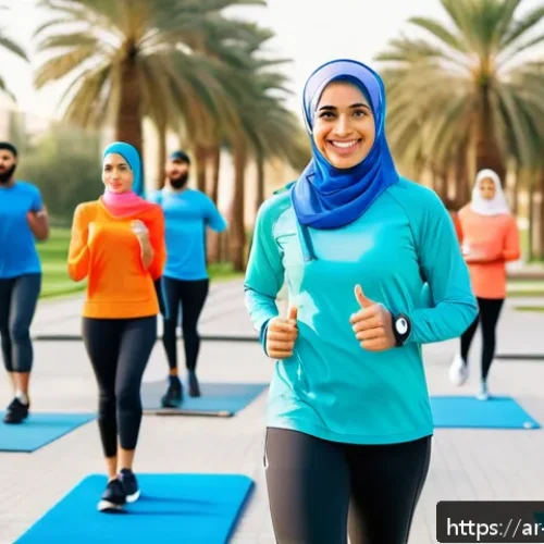 생활체육지도사와 고객 만족도 관리 - A diverse group of Arabic-speaking adults engaging in a lively outdoor fitness session in a modern s...