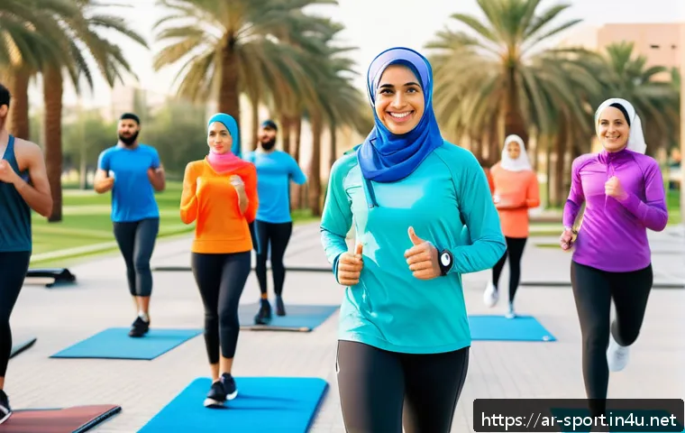 생활체육지도사와 고객 만족도 관리 - A diverse group of Arabic-speaking adults engaging in a lively outdoor fitness session in a modern s...
