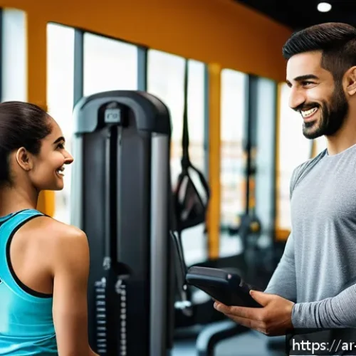 생활체육지도사와 고객 상담 사례 - A professional male fitness trainer of Middle Eastern descent attentively listening to a female Arab...