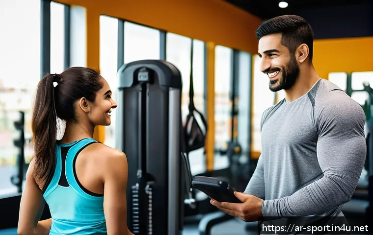 생활체육지도사와 고객 상담 사례 - A professional male fitness trainer of Middle Eastern descent attentively listening to a female Arab...